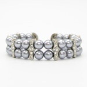 Silver w/Grey 2-Row Glass Pearl Cuff Bracelet